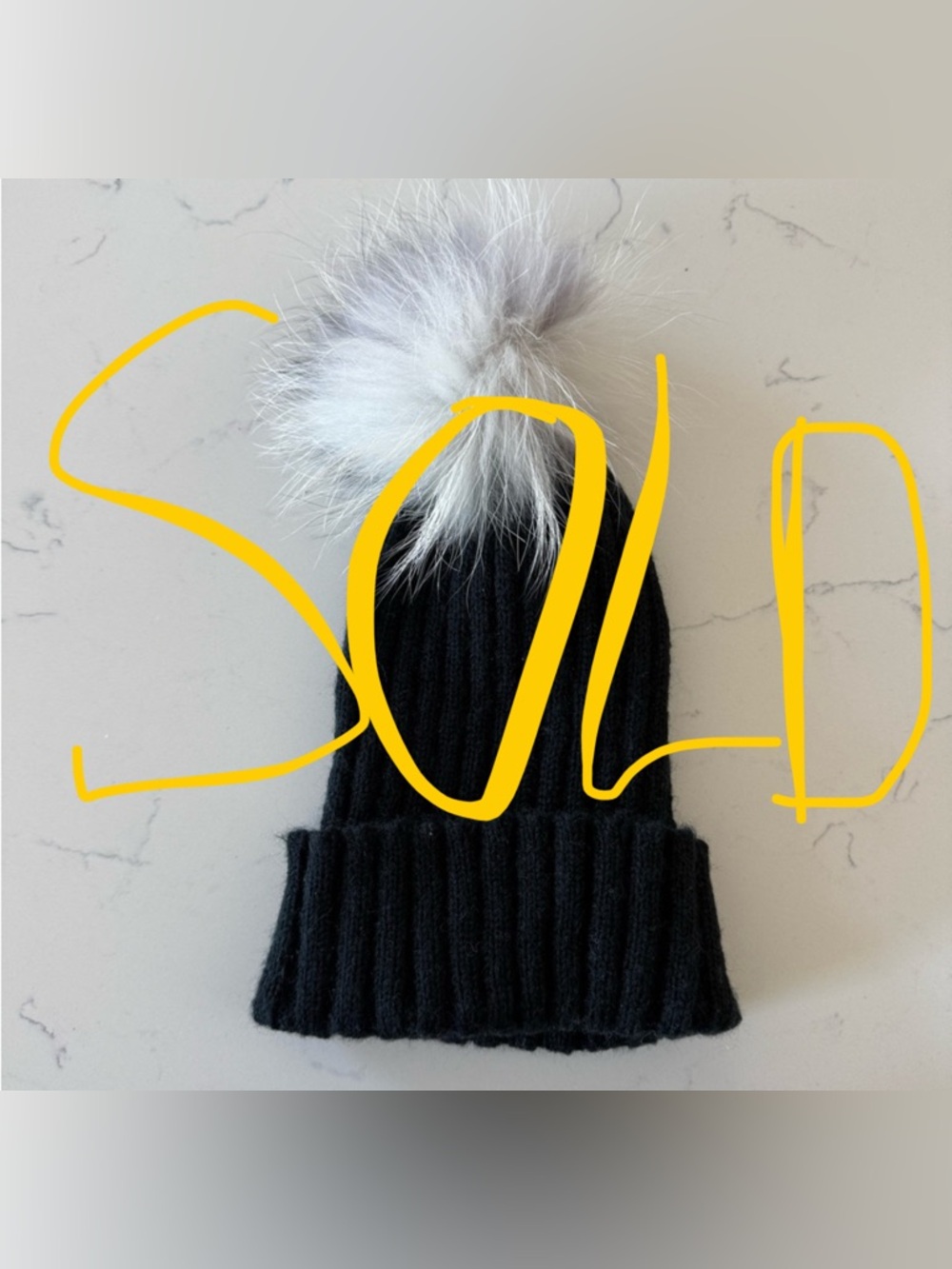 ‼️SOLD‼️ NWOT Stylish Black Knit Beanie with Faux Fur White and Black Pom-Pom
